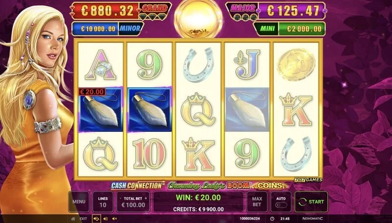 Cash Connection - Charming Lady's Boom Coins - osnovni zaslon z dobitki na plačilni liniji