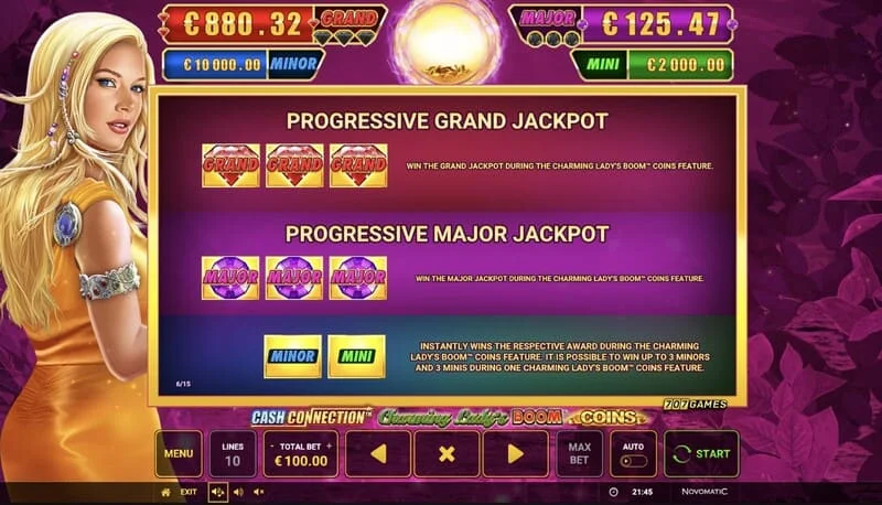 Cash Connection - Charming Lady's Boom Coins - tabela jackpotov Mini, Minor, Major in Grand
