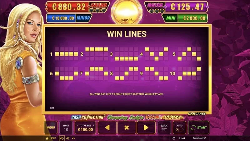 Cash Connection - Charming Lady's Boom Coins - plačilne linije in Wild Charming Lady